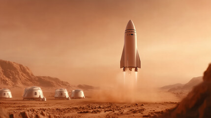 Obraz premium A rocket descends to the Martian surface, kicking up red dust, while futuristic habitats stand ready for human habitation. Efforts focus on establishing a sustainable base for exploration