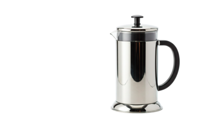 A sleek, stainless steel French press coffee maker stands ready to brew.