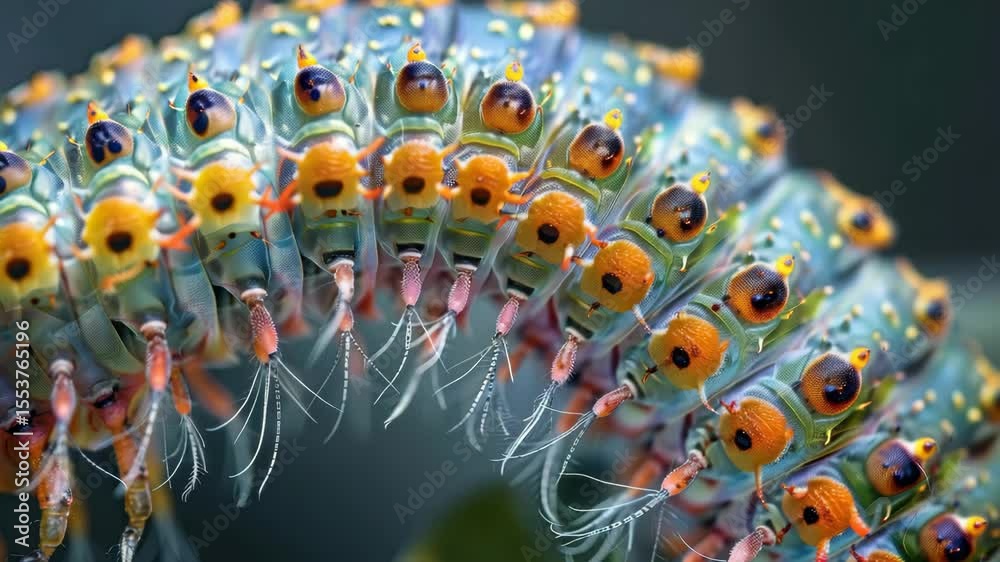 Poster colorful caterpillar crawling on a leaf in a vibrant forest during daylight with detailed close-up v