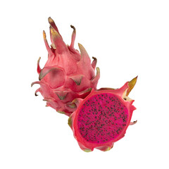 Whole and sliced red fleshed dragon fruit Isolated on transparent background