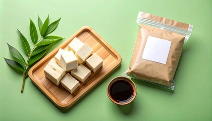 Vacuum Sealed Tofu Mockup Beside Wooden Tray Sauce and Green Leaves on Green Background