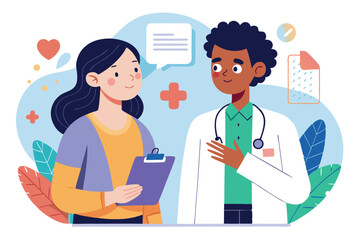 Female doctor converses with an emotional American man at a medical office about health concerns and support in a caring environment