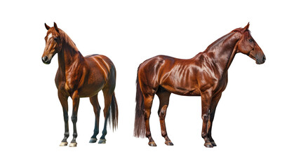 Obraz premium Two beautiful chestnut horses stand side by side, isolated on transparent background, showcasing their muscular physiques and elegant coats