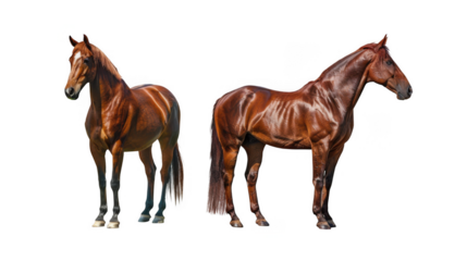 Two beautiful chestnut horses stand side by side, isolated on transparent background, showcasing their muscular physiques and elegant coats