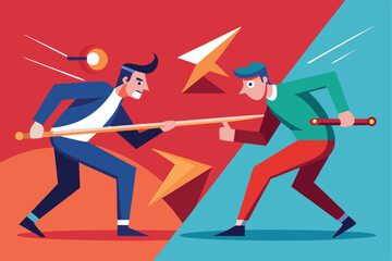Duel of two competitors in a flat design illustration showcasing struggle and confrontation with paper airplanes and weapons