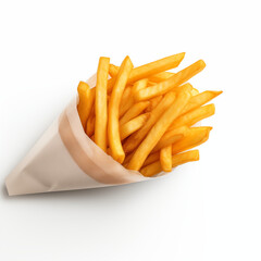  French fries in paper cone container isolated on white background, fast food packaging.