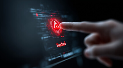 A hand with an index finger pointing at warning triangle and exclamation sign icon warning of dangerous problems Server error or virus.