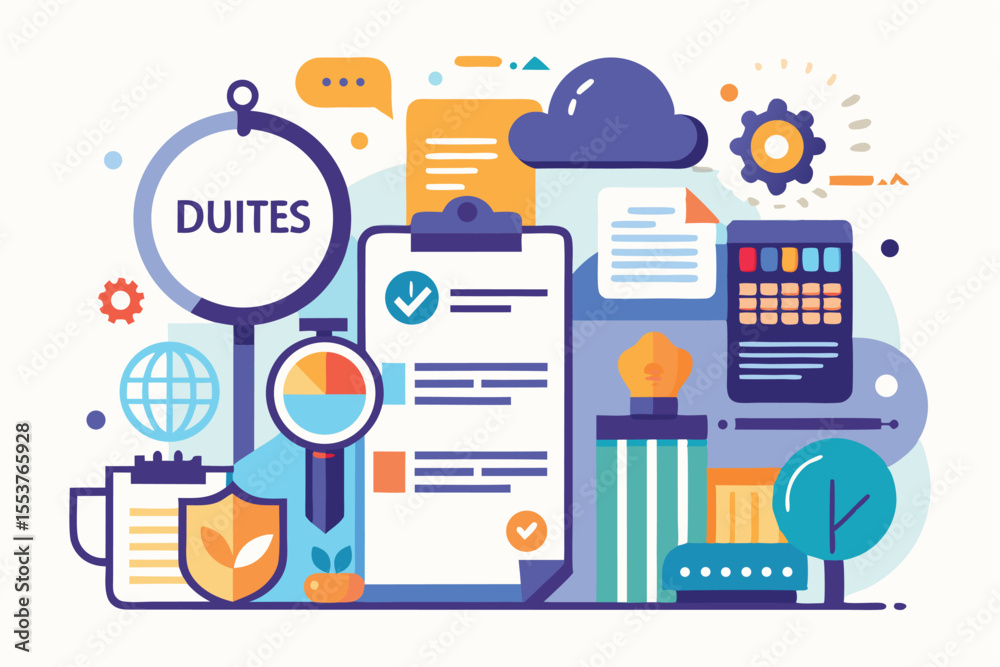 Poster understanding the concept of duties and responsibilities in the workplace through colorful and infor