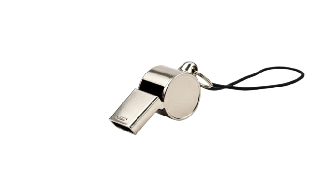A shiny metal whistle is isolated on a black background, ready to make noise.