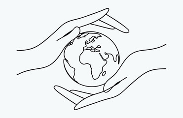 Earth care hands in one line drawing, continuous line planet support, minimalist earth day poster, eco protection sketch, simple vector illustration
