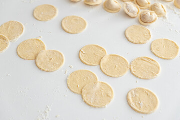 Raw homemade dumpling dough circles and raw dumplings on a white surface.