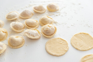 Raw homemade dumpling dough circles and raw dumplings on a white surface.
