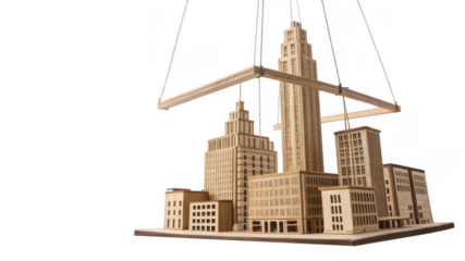 A miniature wooden model of a city skyline hangs suspended, isolated on transparent background