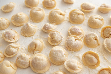Raw homemade dumplings dusted with flour.