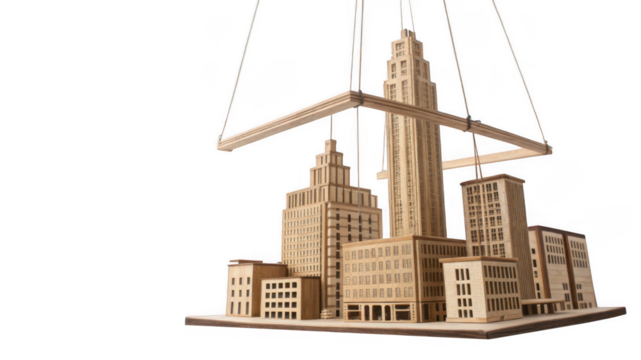 A miniature wooden model of a city skyline hangs suspended, isolated on transparent background