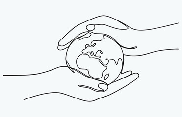 Earth care hands in one line drawing, continuous line planet support, minimalist earth day poster, eco protection sketch, simple vector illustration