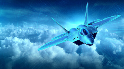 Naklejka premium A sleek, advanced jet flies through luminous clouds in a digital landscape. The vivid blue tones and radiant light create a sense of speed and innovation