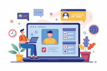 Naklejka premium User interface customization programming concept showcasing a user interacting with a laptop that displays profile settings and communication features in a colorful digital environment