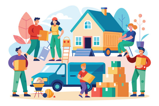 Collection of vector graphics depicting the process of moving into a new home with various activities engaged by different characters
