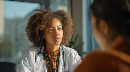 African Black female doctor speaking to a  patient in a modern medical office