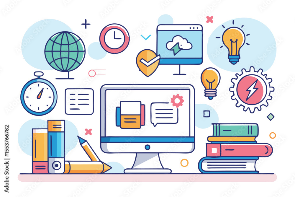 Poster exploring online testing concepts in education through engaging and interactive digital elements in 