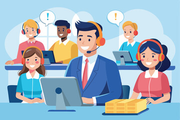 Customer service manager supports team members in a busy assistance center, ensuring effective communication and collaboration during work hours