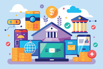 Naklejka premium Modern flat illustrations showcasing the functions and features of online mobile banking in a digital financial landscape