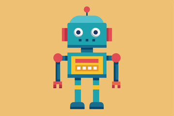Naklejka premium Simple robot character in flat geometric design with vibrant colors and playful features, showcasing a modern and child-friendly aesthetic