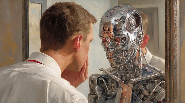 A man looking into a mirror that reflects a robotic version of himself, commentary on dehumanization in modern work life, ultra-realistic 
