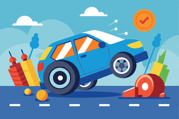Naklejka premium Flat tire emergency illustrated in a vibrant city setting with a blue car showing an accident scenario during daylight hours