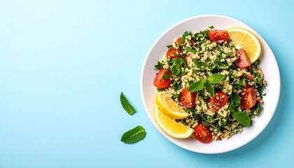 Vibrant Lebanese Tabbouleh Salad with Fresh Ingredients on White Plate Blue Backdrop