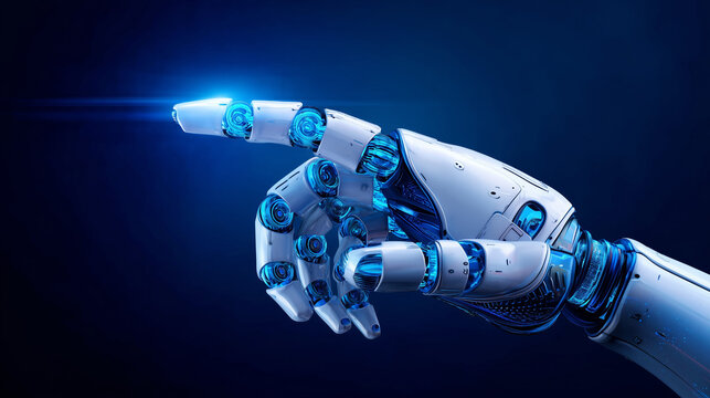 A highly detailed robotic hand gently points toward a glowing blue light, showcasing intricate mechanical features against a dark backdrop, emphasizing technology and innovation - Powered by Adobe