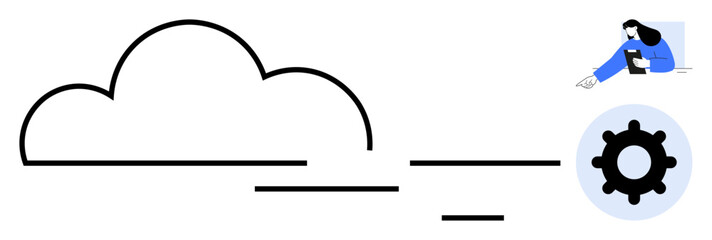 Obraz premium Large cloud outline, user accessing data through device, and gear icon for technology. Ideal for tech, communication, cloud storage, service management, data sharing, innovation simple landing page