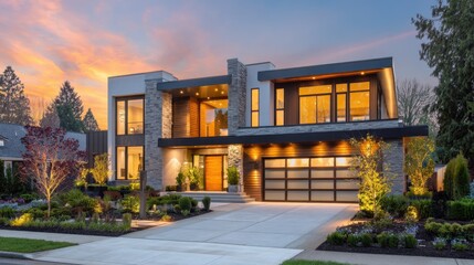 Fototapeta premium Modern home glowing at dusk, warmth and comfort in twilight.