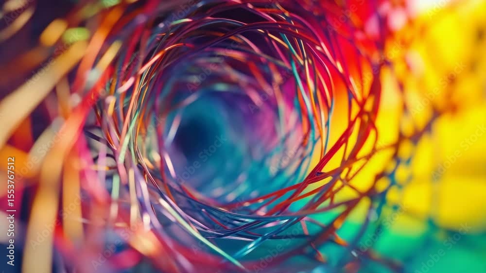 Poster Colorful spiral pattern created with vibrant threads in an abstract composition showcasing depth, texture, and visual interest