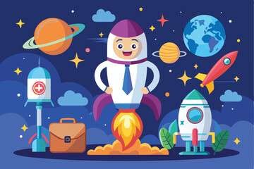 Fototapeta premium Startup space business concept showcasing a cartoon character in a rocket surrounded by planets and spaceships in a vibrant cosmic environment