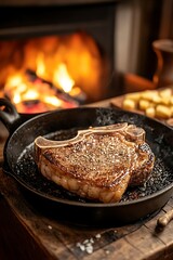 Thick-Cut Sizzling T-Bone Steak in Cast Iron Pan near Fireplace