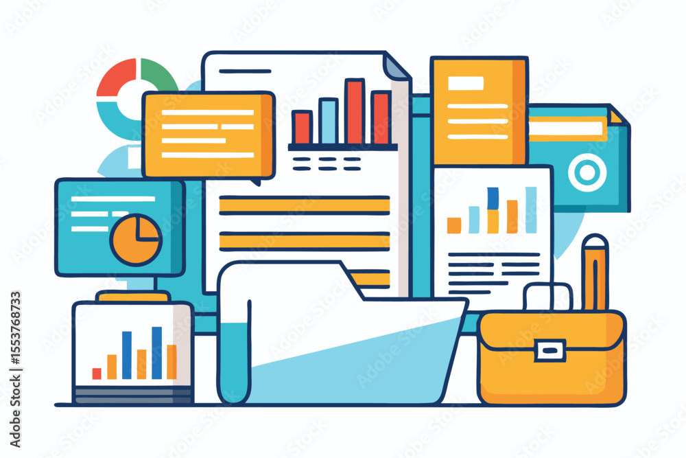 Poster documents and files organized within a digital folder showcasing various business reports and analys