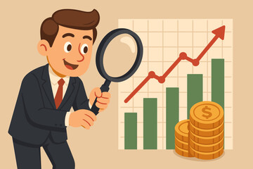Obraz premium Businessman investment analysis with magnifying glass. Financial advisor researching market growth on bar graph with uptrend arrow and money. Economic success, data, profit concept.