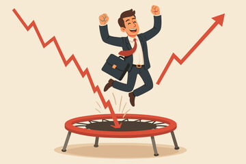 Business bounce back success concept. Businessman on a trampoline turns crisis into opportunity. Metaphor for economic recovery, resilience and growth after a financial recession or market crash.