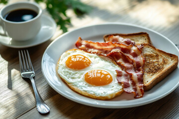 Homemade American breakfast. Fried eggs with bacon and toast, a cup of coffee and a fork on a wooden table. Healthy breakfast. The concept of healthy eating. Morning Sunlight