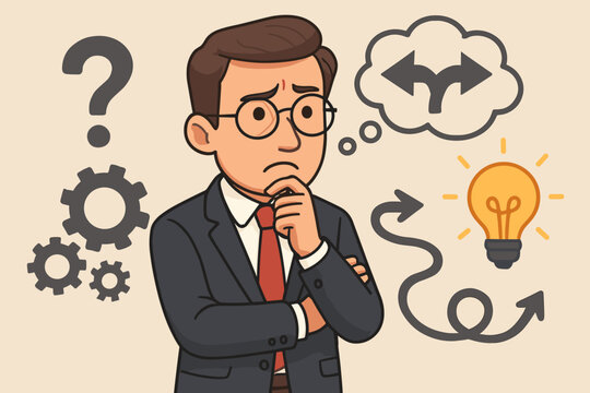 Businessman thinking decision making process. Problem solving strategy. Business choices. Creativity innovation. Solution finding. Question mark gears arrows lightbulb. Vector illustration