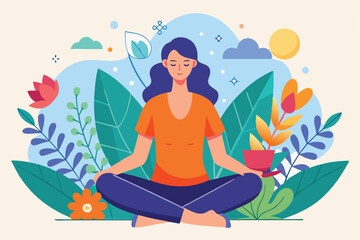 Woman enjoying a peaceful moment outdoors with a cup and surrounded by vibrant flowers in a relaxing atmosphere