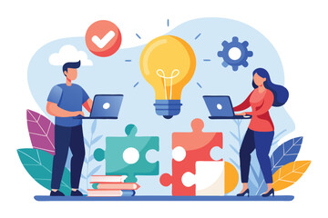 Business professionals collaborating online to find innovative solutions while working on laptops surrounded by creative elements and ideas