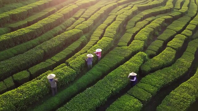 Aerial View of Traditional Tea Plantation and Tea Picking Activity in Asia
