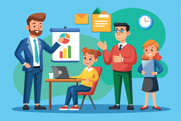 Obraz premium Business coaching session in a bright office setting with animated professionals discussing strategies and analyzing data