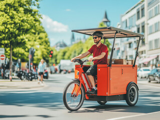 Naklejka premium Urban Cargo Bike Delivery in Green City