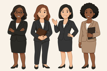 Diverse professional businesswomen group illustration. Cartoon women in office attire, formal suits, teamwork, leadership, corporate diversity, female executives, workplace equality vector art