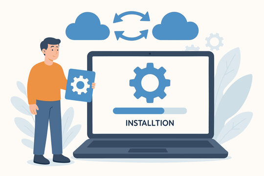 Software installation progress, data synchronization, cloud computing update, system setup process, digital gear icon, laptop interface, cartoon vector illustration, technology concept