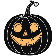 Cute Halloween jack-o'-lantern with wide smile, round eyes, and triangle nose in bold black style.